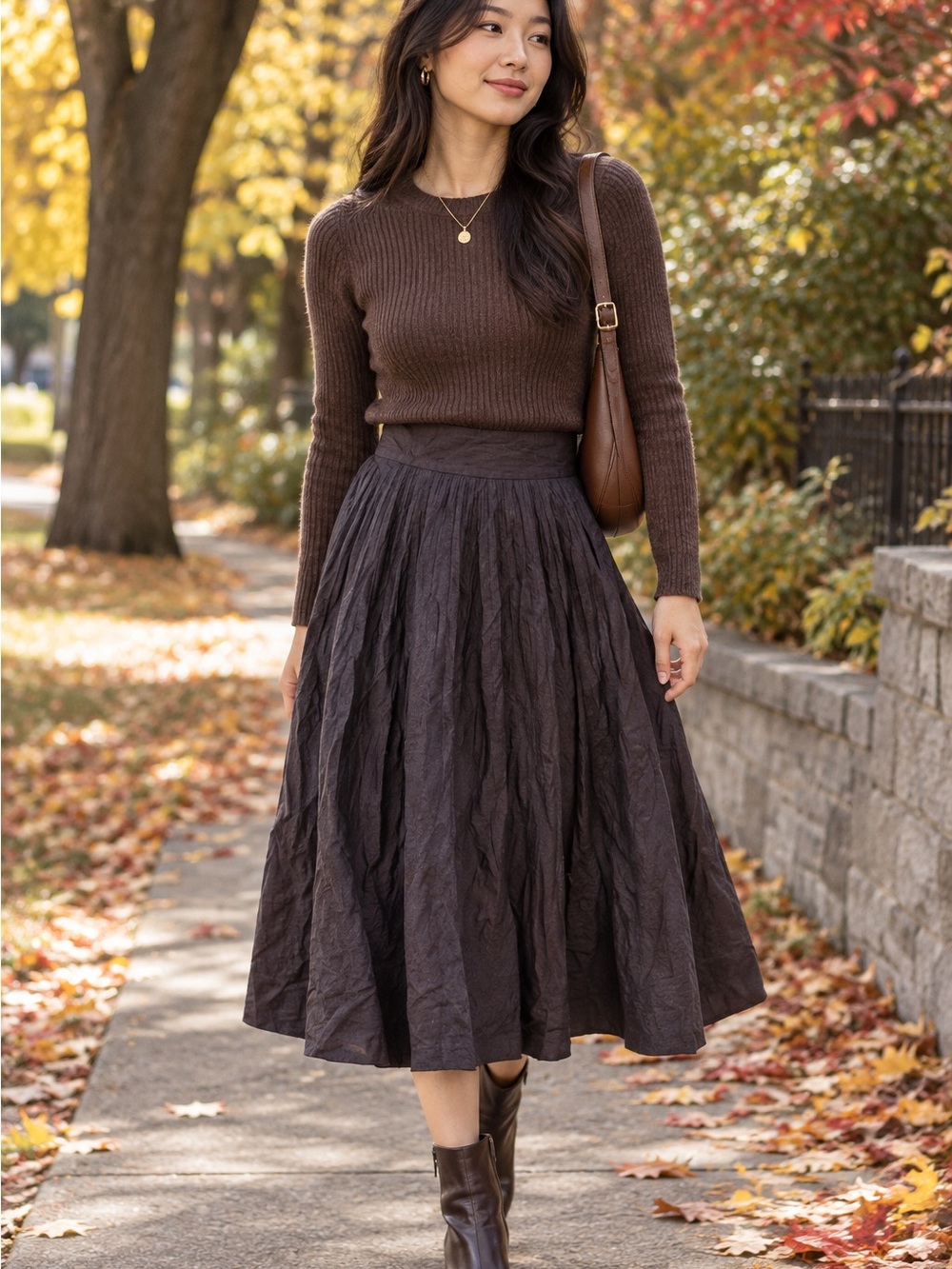 🍃DKNY Pleated Wool Crinkled Midi Skirt